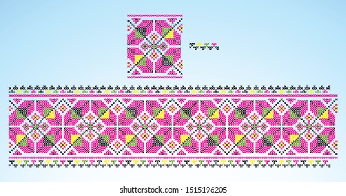 People's cross stitch, many color embroidery, ancient ornaments, traditional palette.