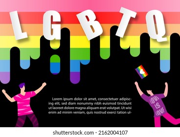 Personas bailando alegremente sobre 7 colores de la bandera del Orgullo (símbolos de derechos LGBT) con letras blancas LGBTQ y ejemplos de textos sobre fondo negro.