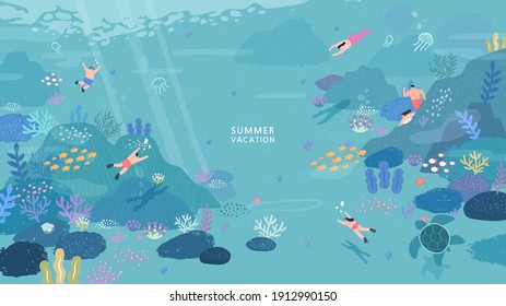 peoples diving under the ocean illustration. coral reef and fish on a blue sea background. Vector seascape

