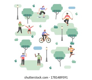 Peoples doing outdoor activity at city park in the new normal time after coronavirus pandemic while still wearing a face mask vector illustration concept background