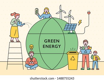 People's Efforts for Green Energy. Banner template. flat design style minimal vector illustration.