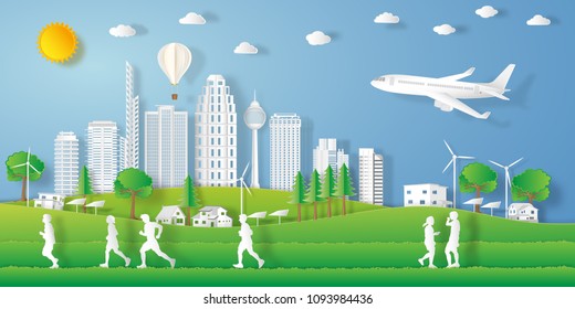 peoples exercise landscape in the city with sunset on summer, fresh air in the park as nature, healthy, paper art and craft style concept. vector illustration.