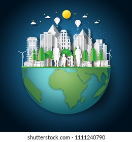 peoples exercise and relax in the night city on summer, fresh air in the park on the world as nature, healthy, paper art and craft style concept. vector illustration