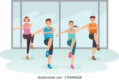 peoples are exercising together at gymnastic room