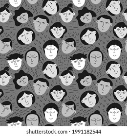 People's faces hand drawn seamless pattern of a crowd of different men and women. Vector illustration.