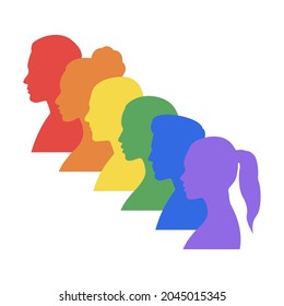 People's faces in LGBT colors. Multi-colored profiles of faces of men and women painted with colors the LGBT flag. LGBTQ + sign. LGBTQ community concept. Vector illustration.