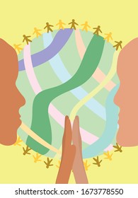 rostros de la gente en el fondo del círculo.  la amistad de los pueblos y las naciones. ilustración abstracta vectorial plana