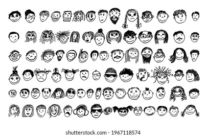 People's faces set. Drawing line. Vector illustration