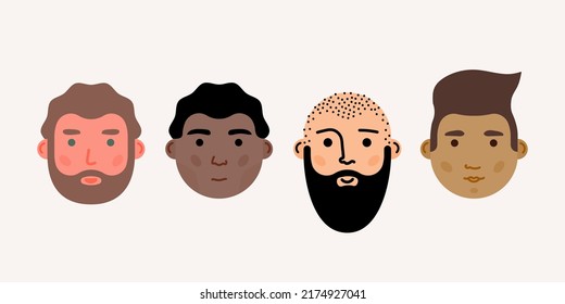 People's faces set. Front view avatars. Diversity. Men's group with different hair styles and nationalities. Vector illustration, flat design