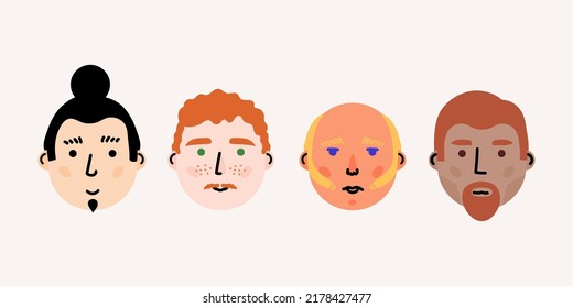 People's faces set. Front view avatars. Diversity. Men's group with different hair styles and nationalities. Vector illustration, flat design