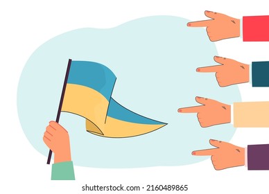 Peoples fingers pointing at hand holding flag of Ukraine. Community attention to Ukrainian symbol of independence flat vector illustration. News concept for banner, website design or landing web page