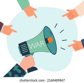 Peoples Fingers Pointing At Megaphone With War Word. Hand In Camouflage Uniform Holding Bullhorn Flat Vector Illustration. Attention, Propaganda Concept For Banner, Website Design Or Landing Web Page