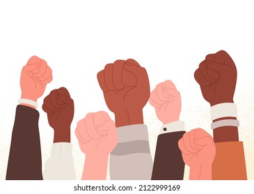 Peoples fists raised up at protest, strike. Activists arms. Crowd at demonstration, revolution. Fight for human rights and freedom concept. Flat vector illustration isolated on white background