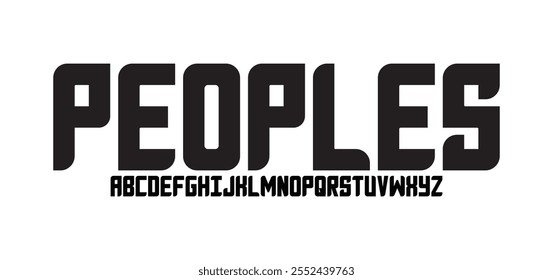 Peoples, Future style font, bold letters and numbers. Futuristic design type for modern logo. Minimalist vector typography for digital device and hud graphic element. Cropped style alphabet
