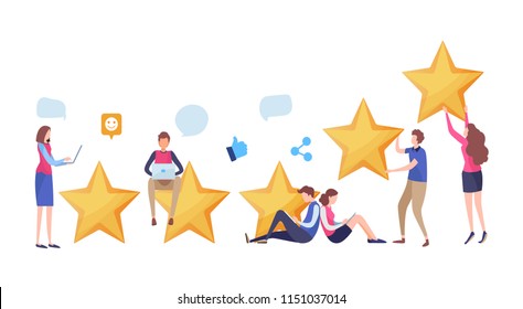 People's giving five star rating via website application. User feedback review scroll. Social media. Cartoon illustration vector graphic on white background.