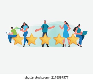 People's giving five star rating via website application. User feedback review. Social media. Cartoon illustration vector graphic on white background.