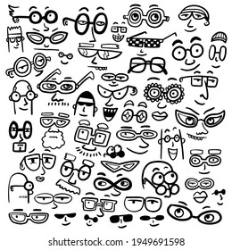 peoples glasses face set drawing doodle cartoon
