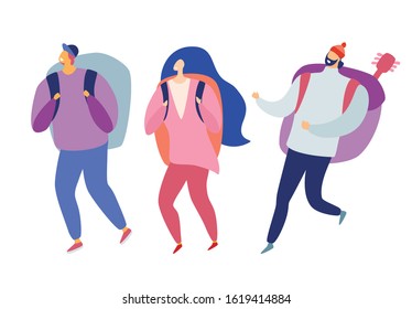 Peoples group going on tracking vector illustration. Young man and woman hiking with backpacks, cartoon style. Friends traveling, isolated on white background