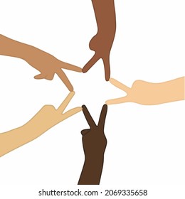 People's Hand with Different Skin Colors Make Star Shape on White Background. Unity in Diversity No Racism Icon Concept Design. Hand Drawn Colored Flat Vector Illustration.