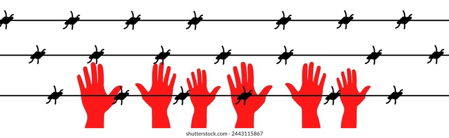 People's hands behind barbed wire. Freedom of speech icon. Flat style. Vector icon