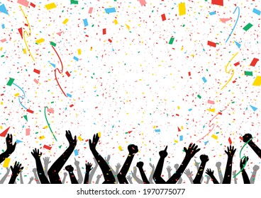 a lot of people's hands and confetti