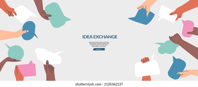 People's hands exchange ideas and holding speech bubble with vote and comment. Team cooperation and communicate banner template. Diversity multicultural group with message cartoon vector illustration  svg