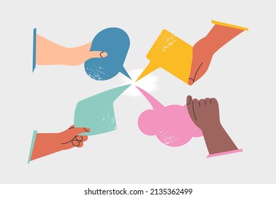 People's hands exchange ideas and holding speech bubble with vote and comment. Team cooperation communicate collaborate. Diversity multicultural group with talk message cartoon vector illustration