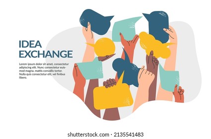 People's hands exchange ideas and holding speech bubble with vote and election. Team cooperation and communicate banner template. Diversity multicultural group with message cartoon vector illustration svg