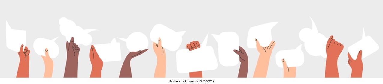 People's hands exchange ideas and holding speech bubble with vote and comment. Voters cooperation and communicate. Diversity multicultural group of citizen with message cartoon vector illustration