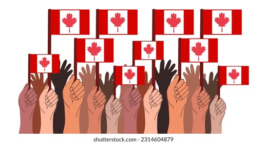 People's hands hold the flag of Canada. Canada day holiday. Crowd. For banner or design. Vector.