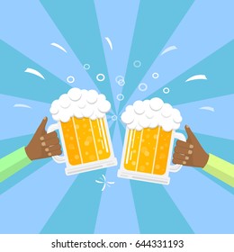 People's hands holding mugs of beer on retro background. Vector.