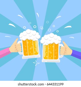 People's hands holding mugs of beer on retro background. Vector.