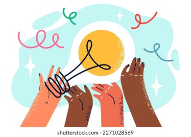 Peoples hands with light bulb symbolizing joint generation of ideas and solutions. People with different skin colors work together as team and participate in brainstorming session to find new ideas 