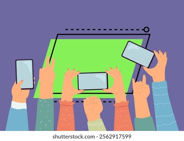 Peoples hands up with phones on concert show or party. Group of people holding smartphones to take picture or record video flat vector illustration. Modern society, event concept