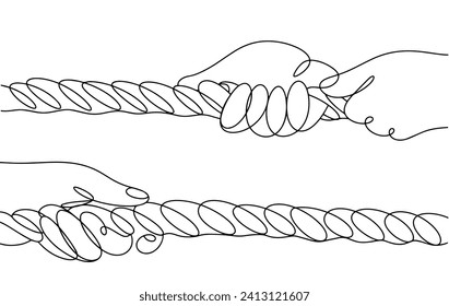 Las manos de la gente tiran de la cuerda en su dirección. Tiro de guerra. Rope en las manos. Día Internacional del Tiro de Guerra. Imágenes producidas sin el uso de ningún tipo de software de IA en cualquier etapa. 