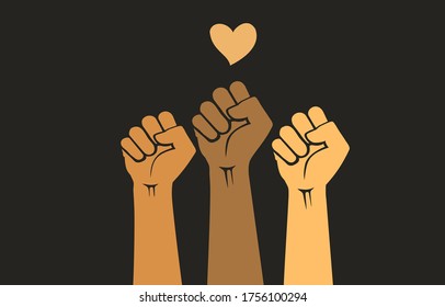 Peoples hands raised with clenched fists and love icon, isolated on a black background. Peaceful protest. Diversity, inclusion, human rights, equality concept. Black lives matter. Women's Day design.
