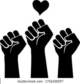 People's hands raised with clenched fists and a heart icon, isolated on a white background. Protests against police brutality and discrimination. Love concept. United we stand. Spreading love.