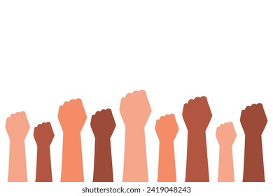 People's hands raised with clenched fists isolated on a white background. Symbol of love, diversity, human rights, feminism, equality, women's day concept. Vector illustration flat design style