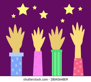 People's hands are raised up. Crowd. Vector illustration.