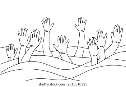 People's hands stick out of the water. Rescue of the drowning. People are drowning because of the flood. One line drawing for different uses. Vector illustration.