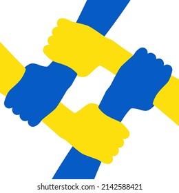 People's hands support Ukraine. Four yellow and blue hands holding each other