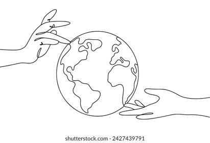 People's hands touch planet Earth. Earth Day. Vector illustration. Images produced without the use of any form of AI software at any stage. 