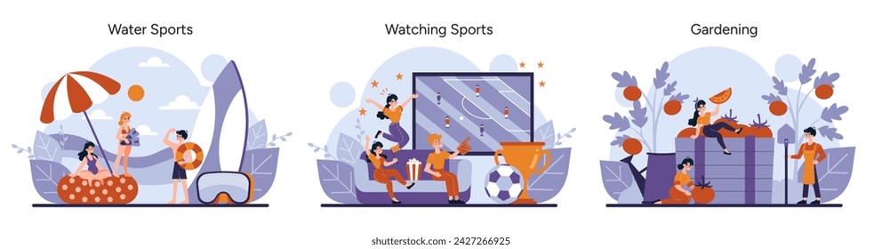 People's hobbies set. Beachgoers relishing water activities, fans enjoying a soccer match, gardeners nurturing plants. Each illustration captures the essence of the hobby. Vector illustration