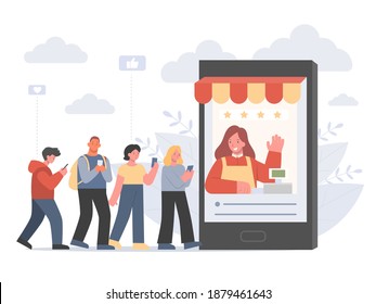 Peoples holding mobile phone line up in front of the smartphone with the counter cashier inside. Concepts Illustration about Online shopping with e-commerce application.