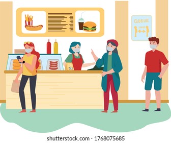 Peoples are keeping their distance while queueing at fast food counter