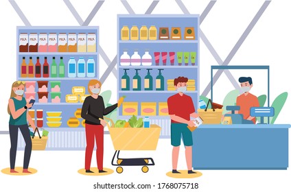Peoples are keeping their distance while queueing at cashier