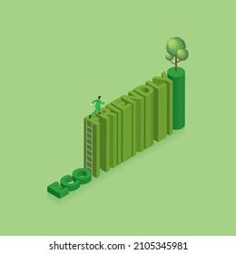 People's lifestyle change and green concept. A man runs aim to target on text ECO and climb up to word FRIENDLY by ladder. Aim to a tree at the end. environmental concern, growth, save the world.