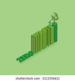 People's lifestyle change and green concept. A man run aim to target on text ZERO and climb up to word WASTE by ladder. Aim to a tree at the end. environmental concern, growth, recycle, save the world