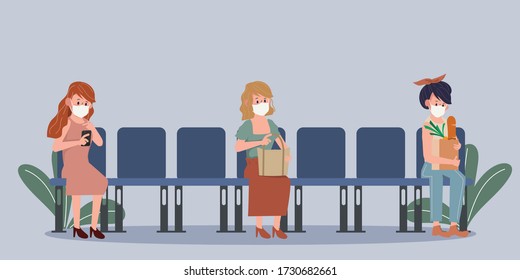 Peoples make social distancing at seat during covid-19. New normal lifestyle in daily after Coronavirus outbreak. 