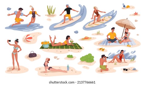Peoples on summer beach vacation. Flat style characters of young man and woman surfing on waves, jumping in water and shooting photos on beach. Girl drinking cocktail, doing yoga on tropical resort